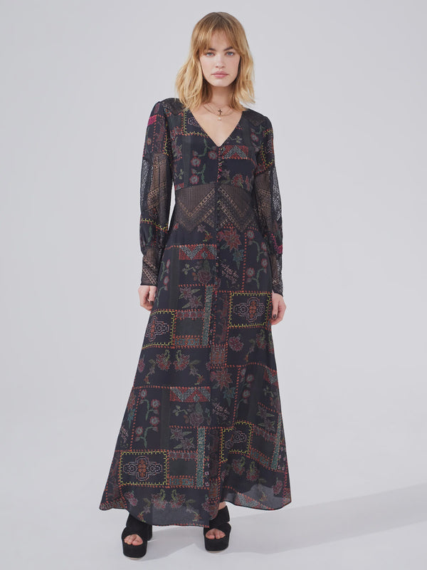 Lace Panel Silk Maxi Dress