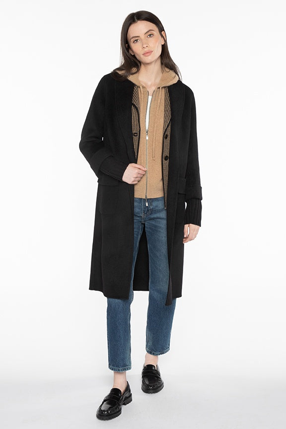 Shawl collar knit trim coat