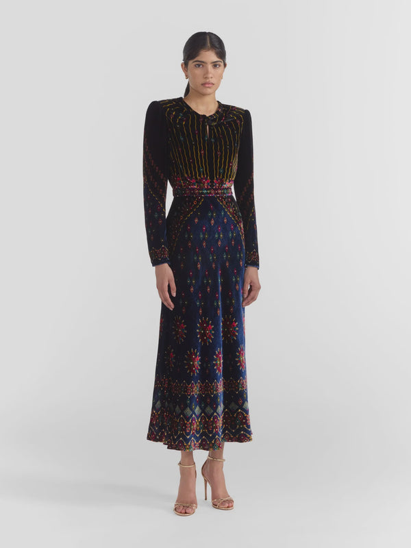 Claudia Printed Velvet Midi Dress