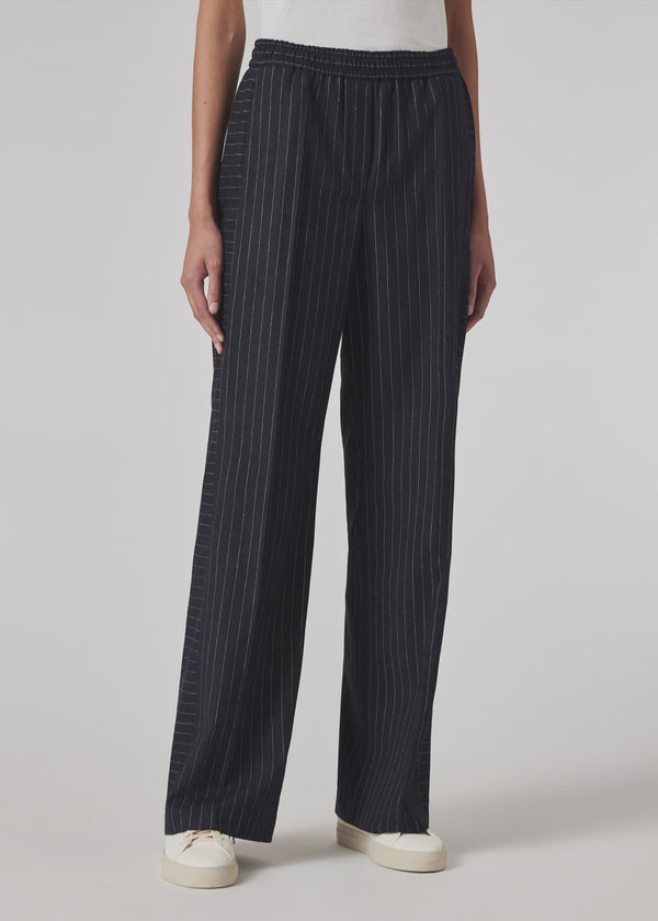 Navy Pinstripe Wide Leg Wool Trousers