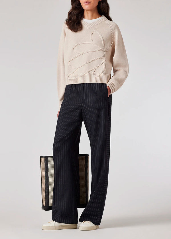 Navy Pinstripe Wide Leg Wool Trousers