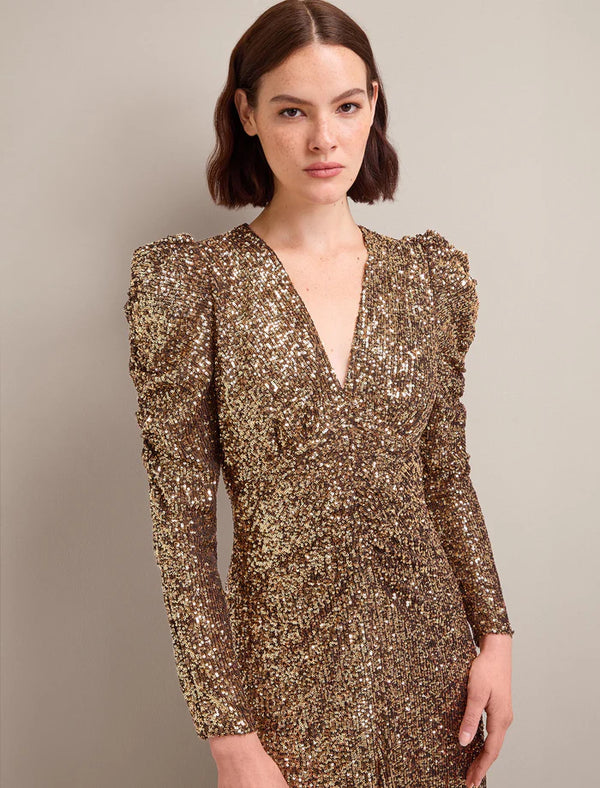 Ophelia Sequin ruched dress-Gold